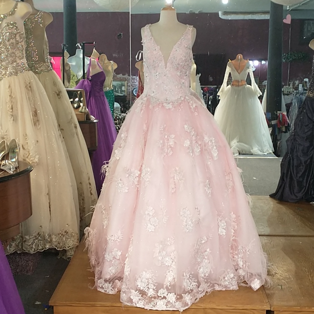 Quinceanera or Prom gown pink with feathers corset back